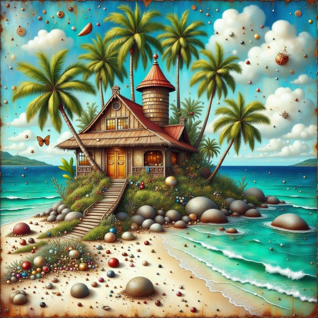 Whimsical Tropical Treehouse in Cyberpunk Aesthetic