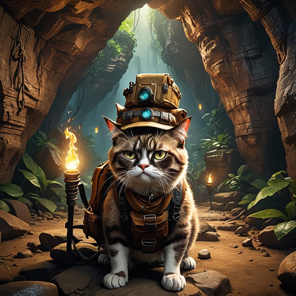 Grumpy Cat as Indiana Jones Cave Explorer