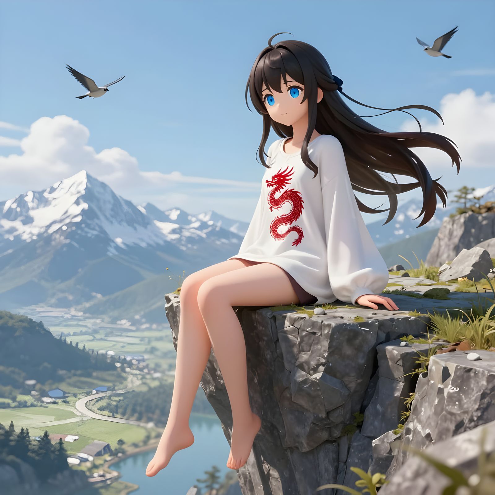 Lone Anime Girl on Cliff Overlooking Valley, 3D Art