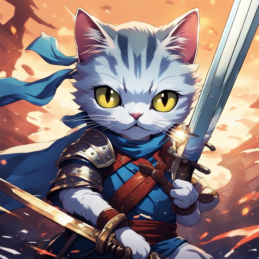 Anime Cat Warrior with Swords, Cel-Shaded Style