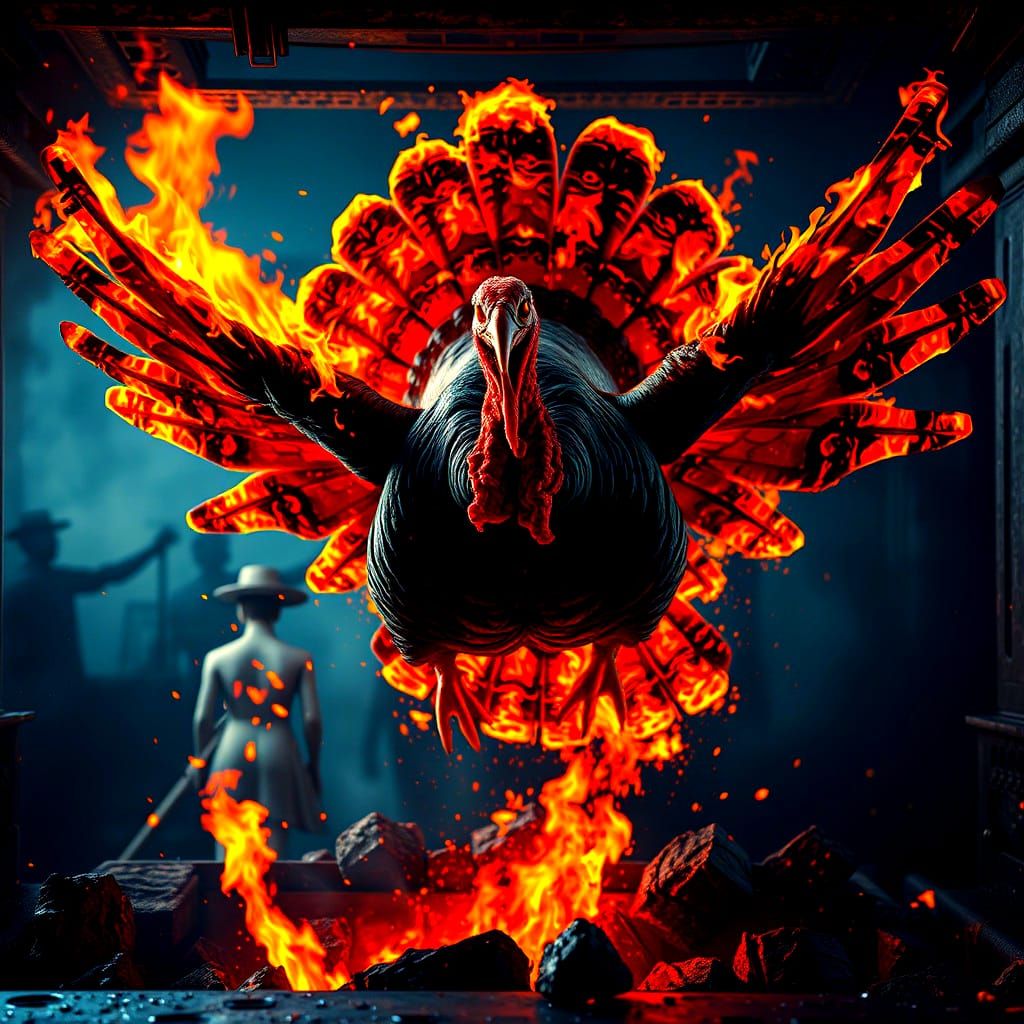 Flaming Turkey Flies From Oven: Fantasy Concept Art