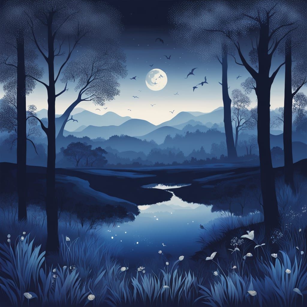 Midnight Blue Dreamscape with Silver Moon