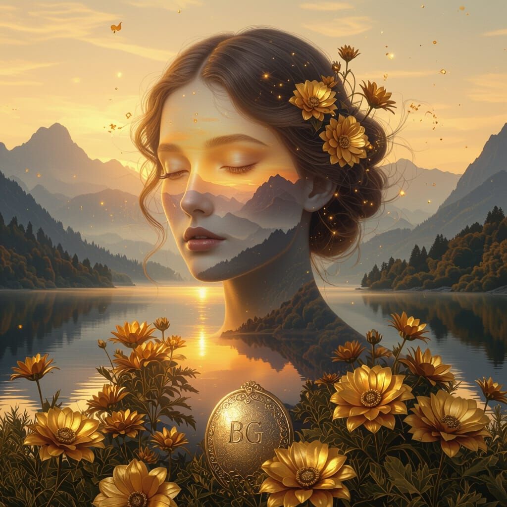 Surreal Portrait Merging Woman and Golden Twilight Landscape