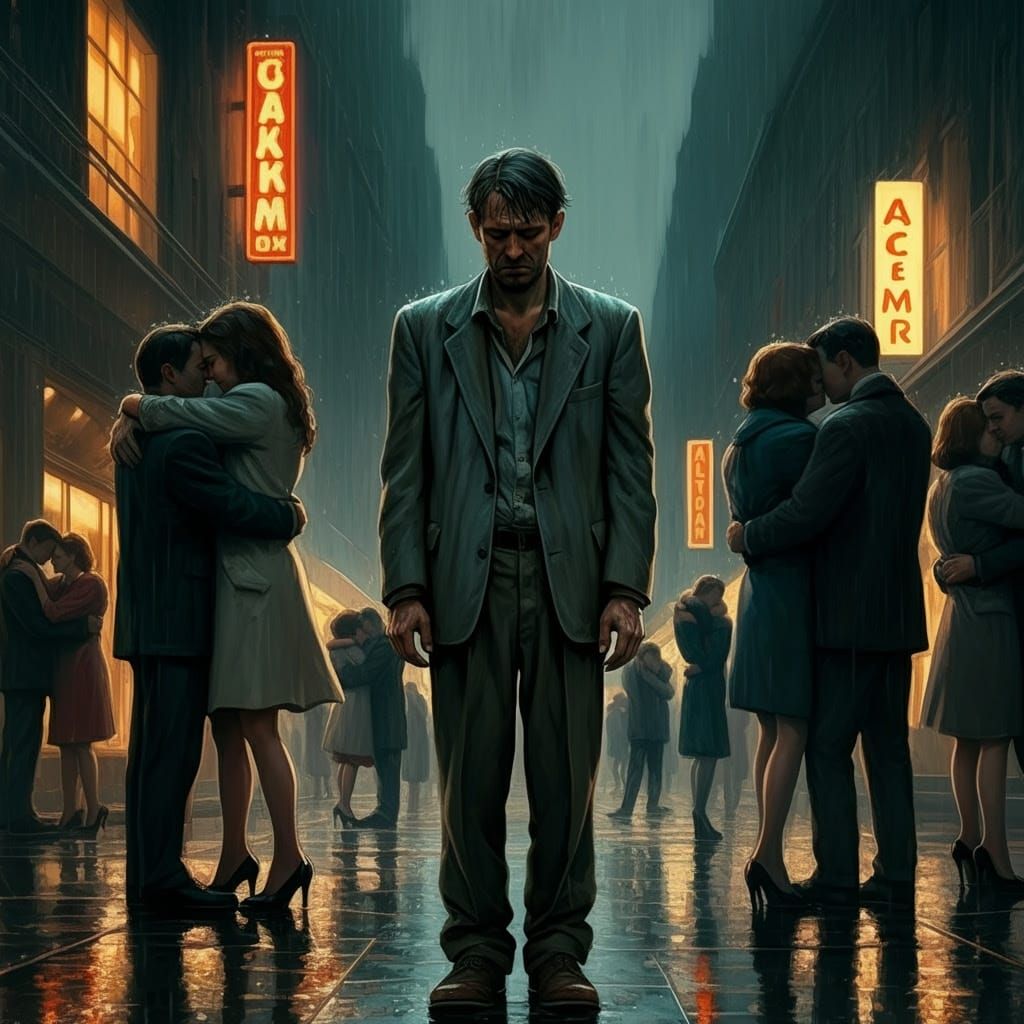 A Lonely Figure Amidst Urban Chaos