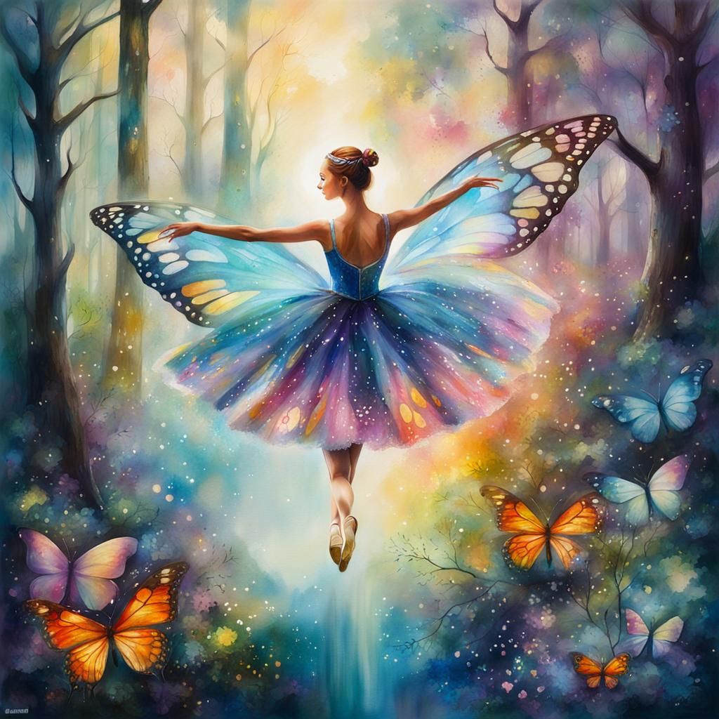 Ballerina with Butterfly Wings in Enchanted Forest