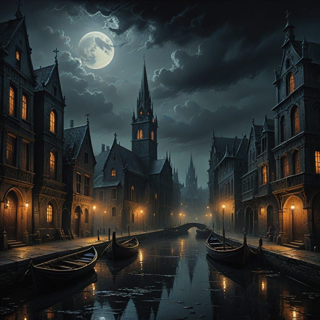 Gothic Cityscape at Night in Dark Fantasy Oil Painting