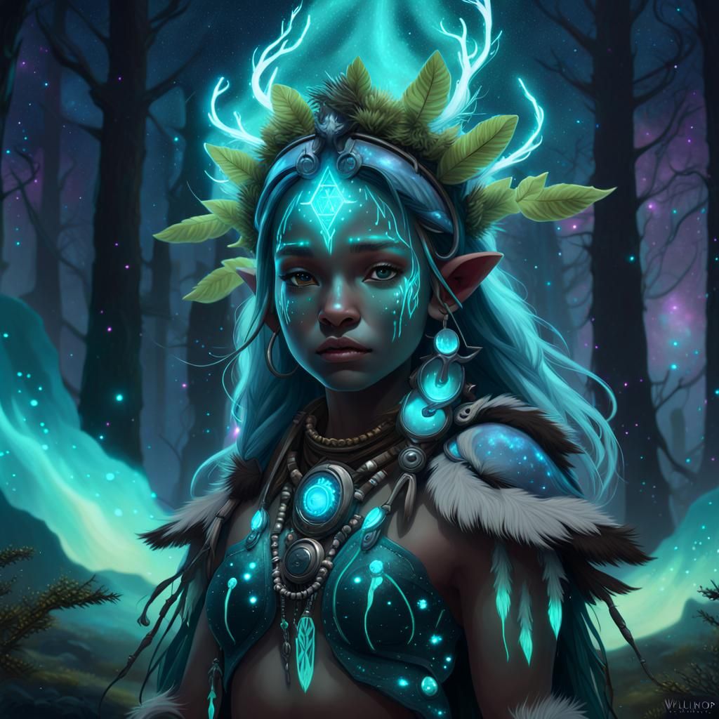 Cosmic Bioluminescent Druid Shaman in Nebula