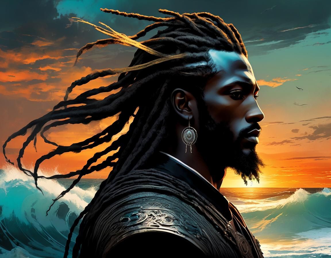 Neptune, God of Waves, on Sunset Beach in Doré Style