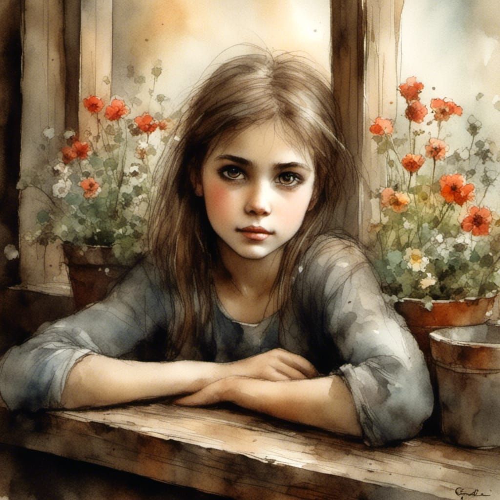 Watercolor Portrait of Woman with Sparkling Eyes