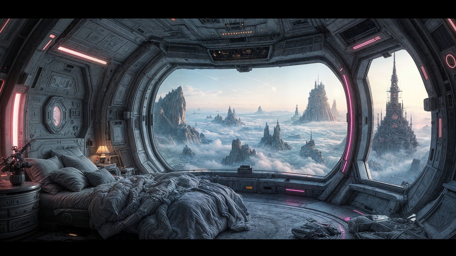 Luxury Spaceship Bedroom with Neon Lights in 3D