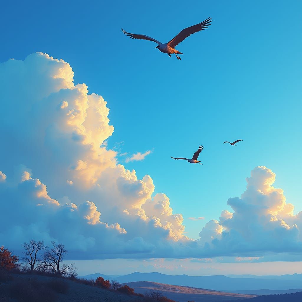Cranes Soaring into Blue Horizon: A Digital Painting