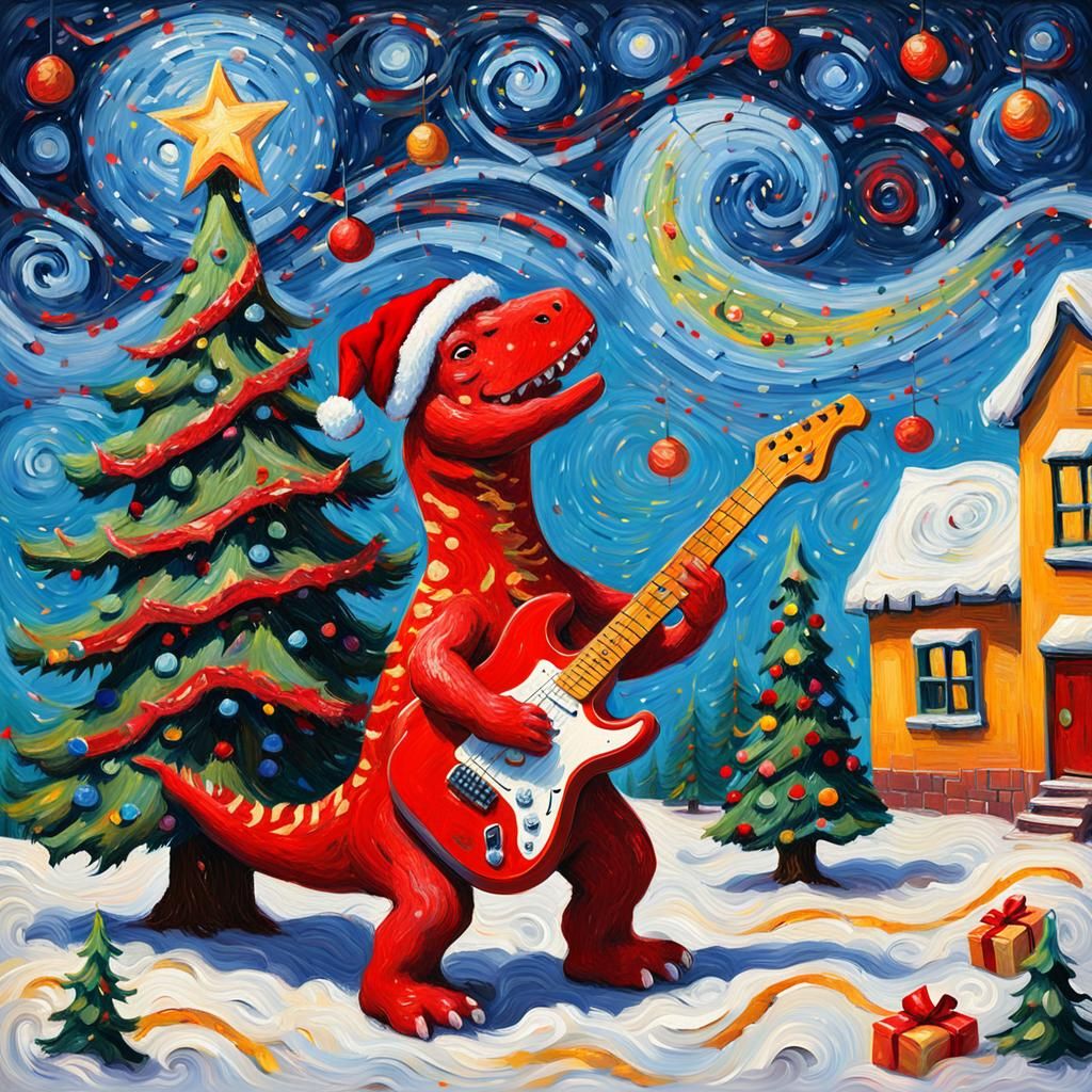 Vibrant Holiday Dinosaur Rocks Out in Post-Impressionist Mas...