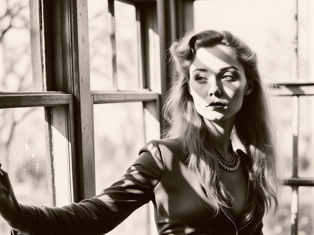 Figures Before Greenhouse Windows in Historic Photo Style