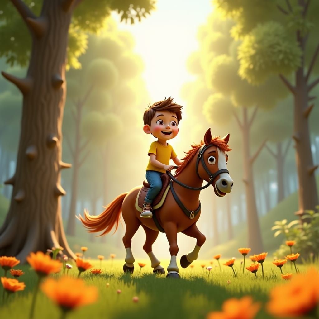 Boy on Horseback in Sunny Forest, 3D Digital Art