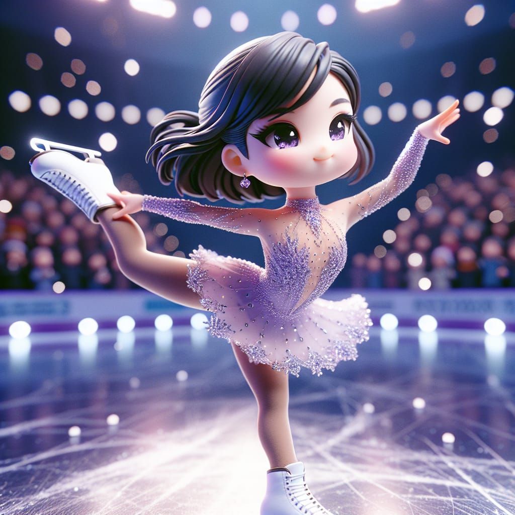A chibi figure skater performing on an ice rink wearing a be...