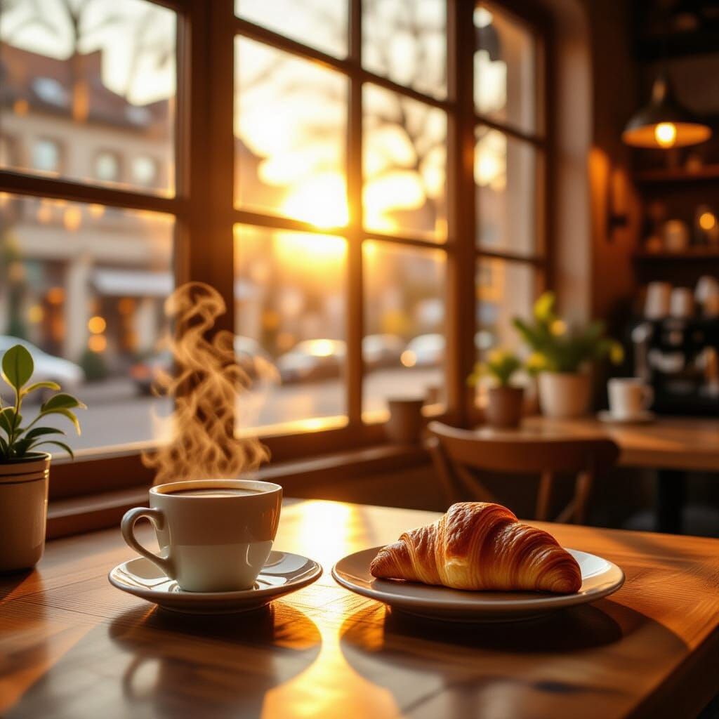 Sunrise Cafe: Photorealistic Golden Hour Scene