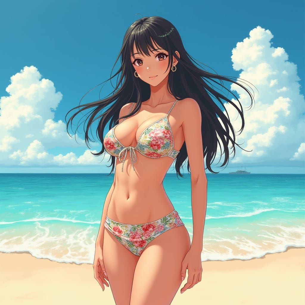 Curvy Beach Goddess in Vibrant 80s Style