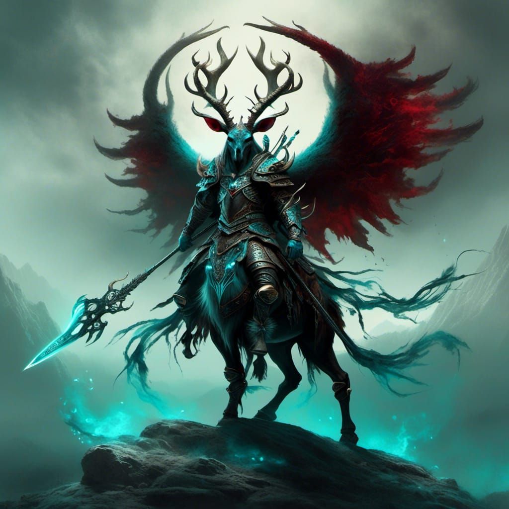 Imposing Fantasy Warrior with Crimson Horned Helmet