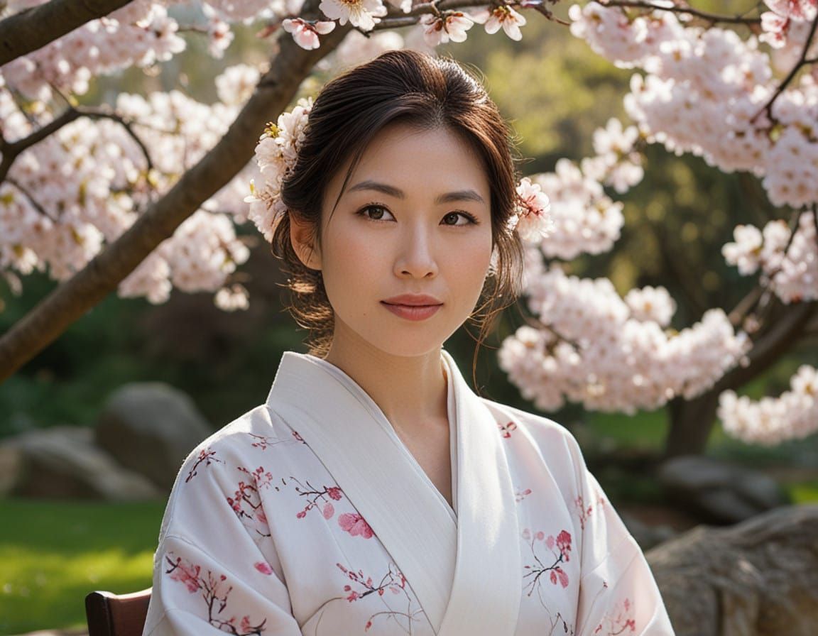 Elegant Japanese Woman Under Blossoming Cherry Tree
