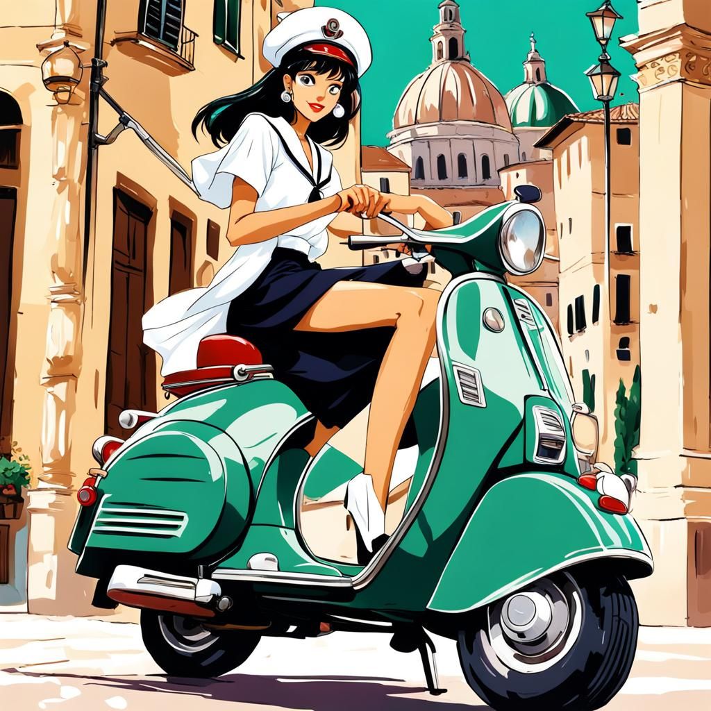 Sailor Pluto riding a Vespa.  Roman Holiday, sunshine, casua...