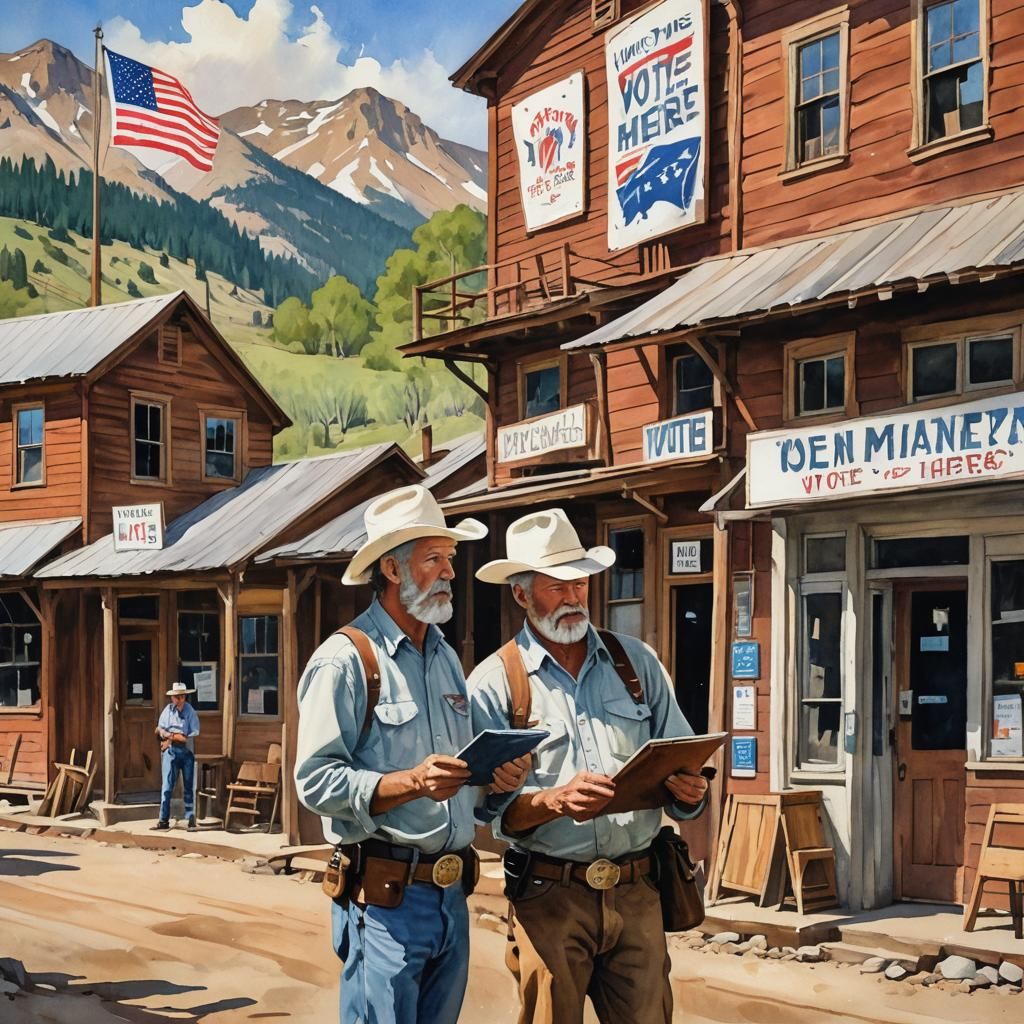 Cowboys in Mining Town, Impressionist Gouache Painting