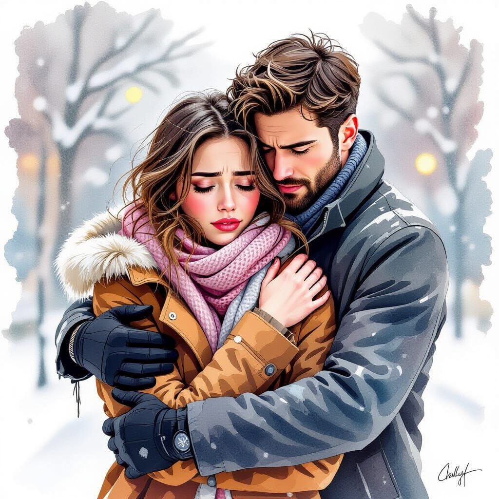 Man Comforts Vulnerable Woman in Watercolor Style