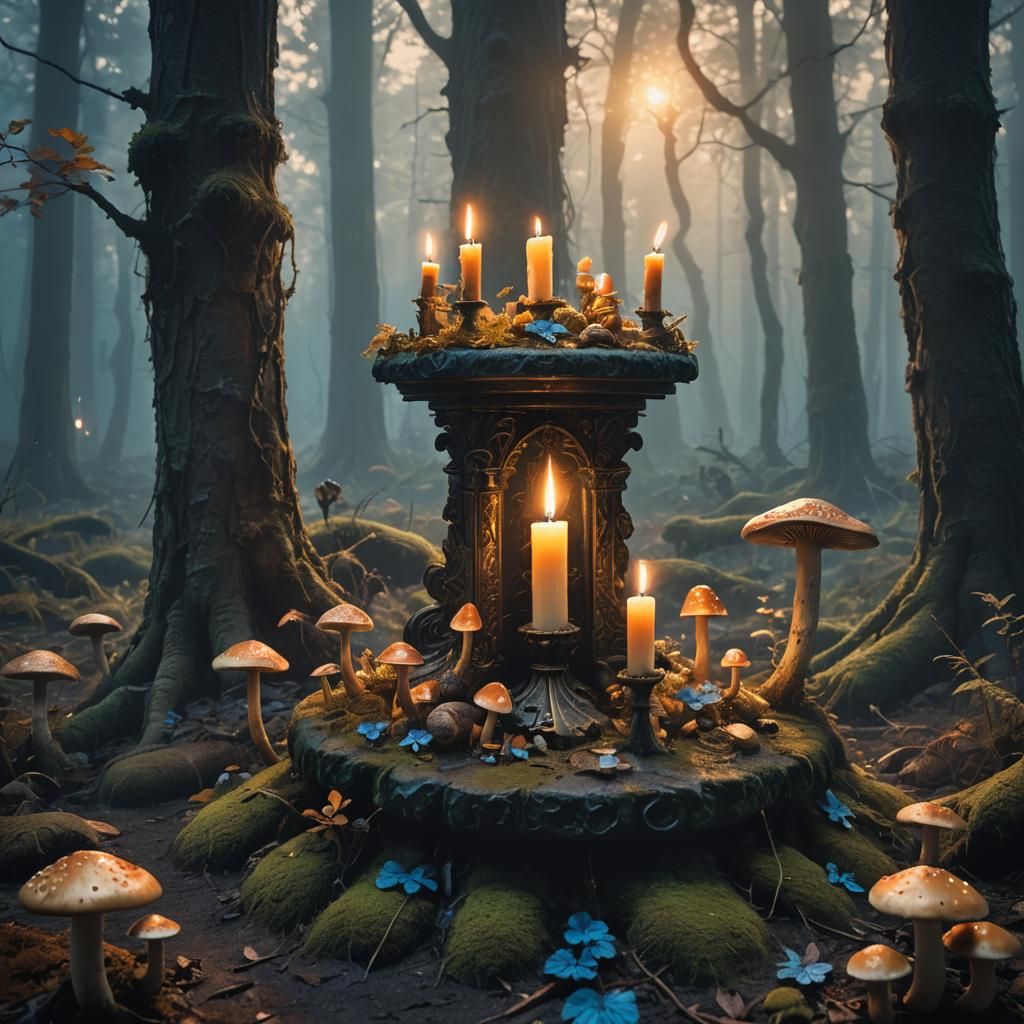Mystical Candlelight Illuminates Eerie Forest Altar