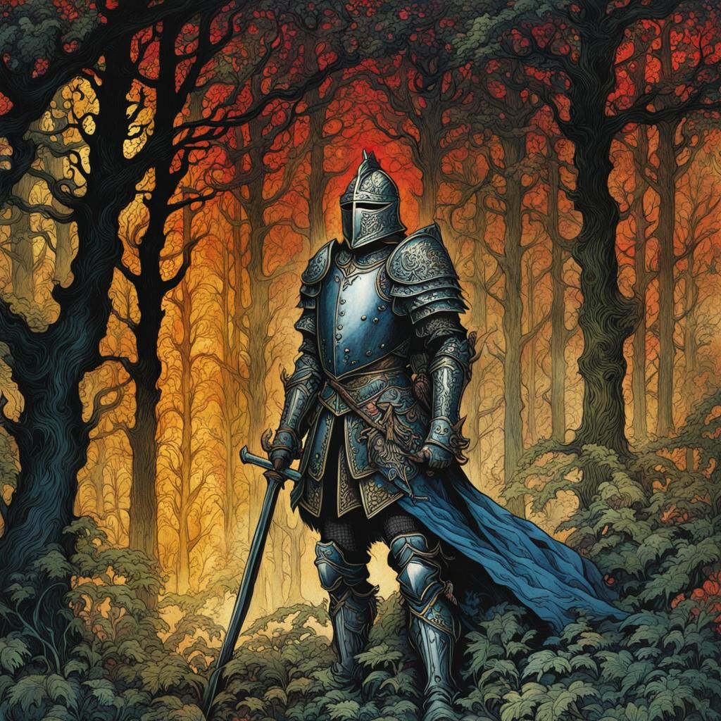 Knight in Dark Forest, Arthur Rackham Style