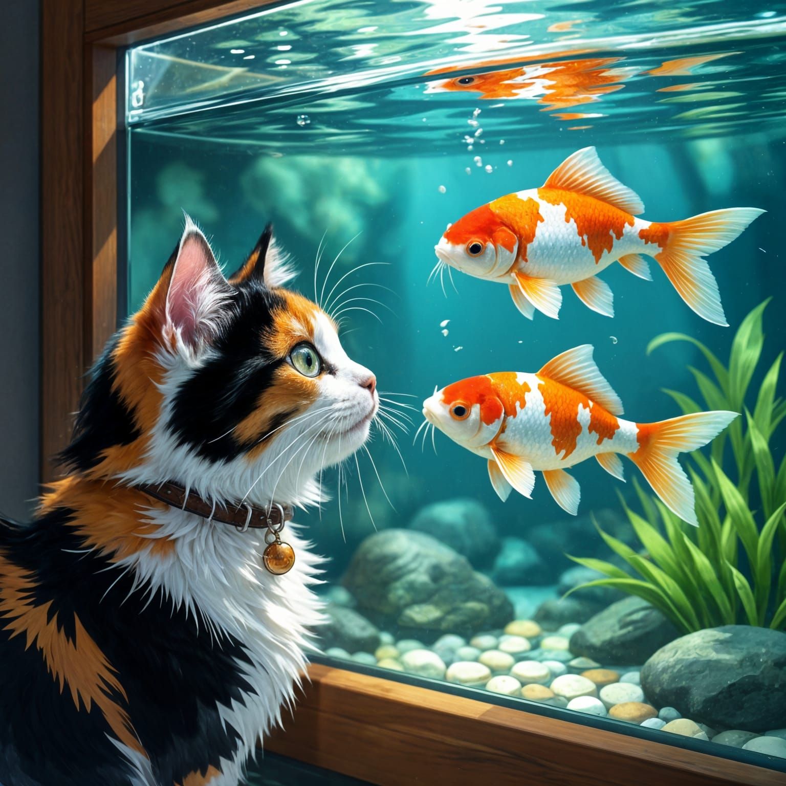 Calico Cat's Fascination with Koi Fish