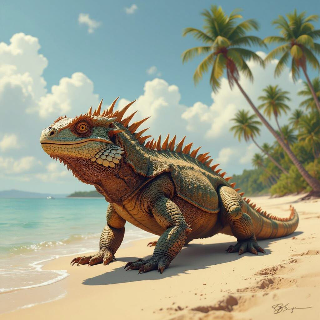Komodo Dragon on a Beach, Naturalistic Illustration
