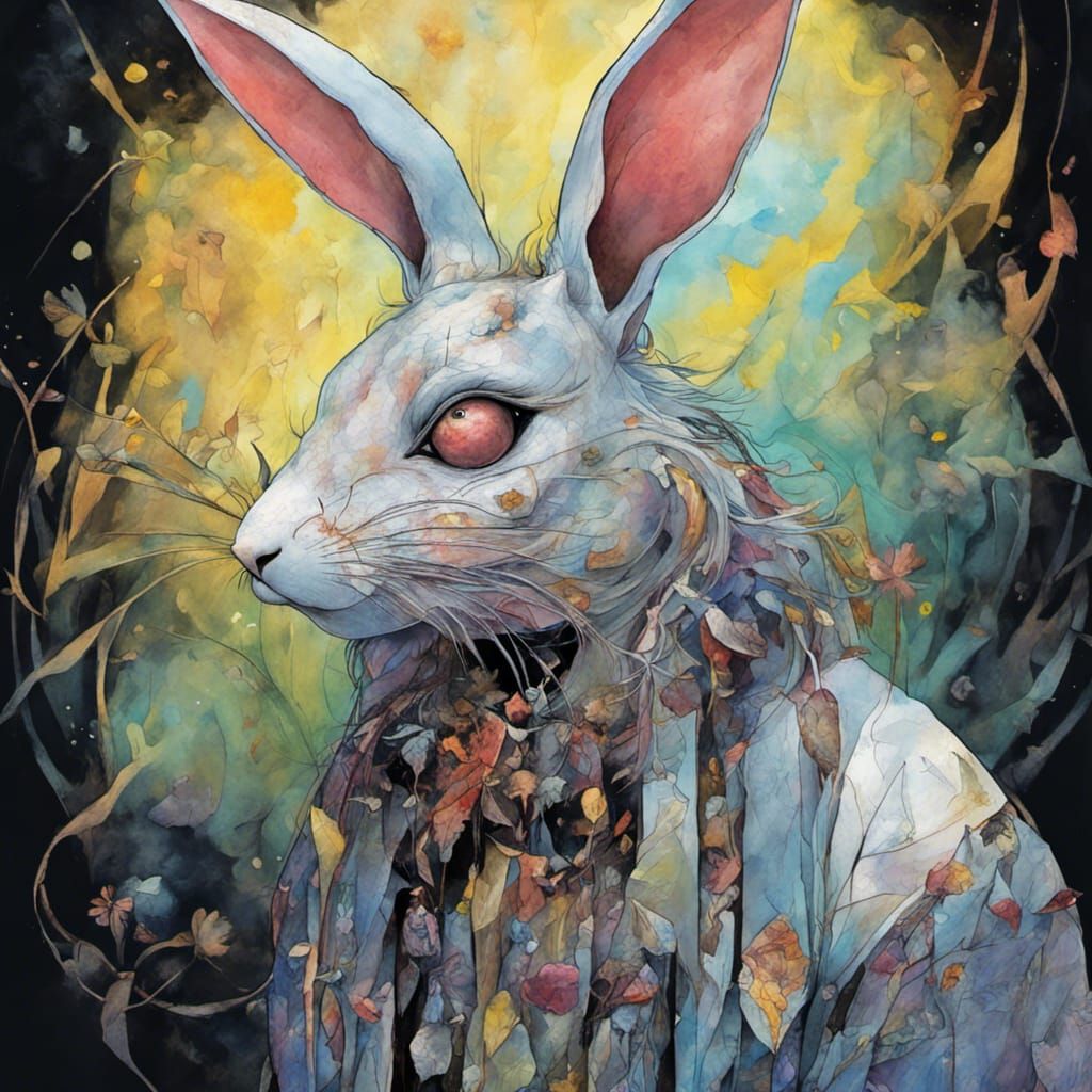 White Rabbit fae, cat like fairy  rabbit   fey creatures, shadow , protectors seen in shadows, Tim Burton ,Brian Froud ,...