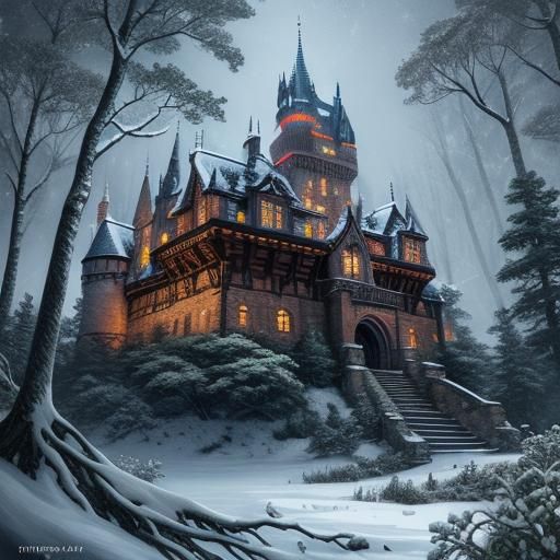 Hyperrealistic Castle in Snowy Forest Storm