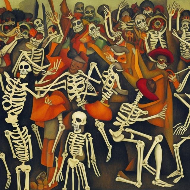 Mexican fiesta skeletons dancing Diego Rivera