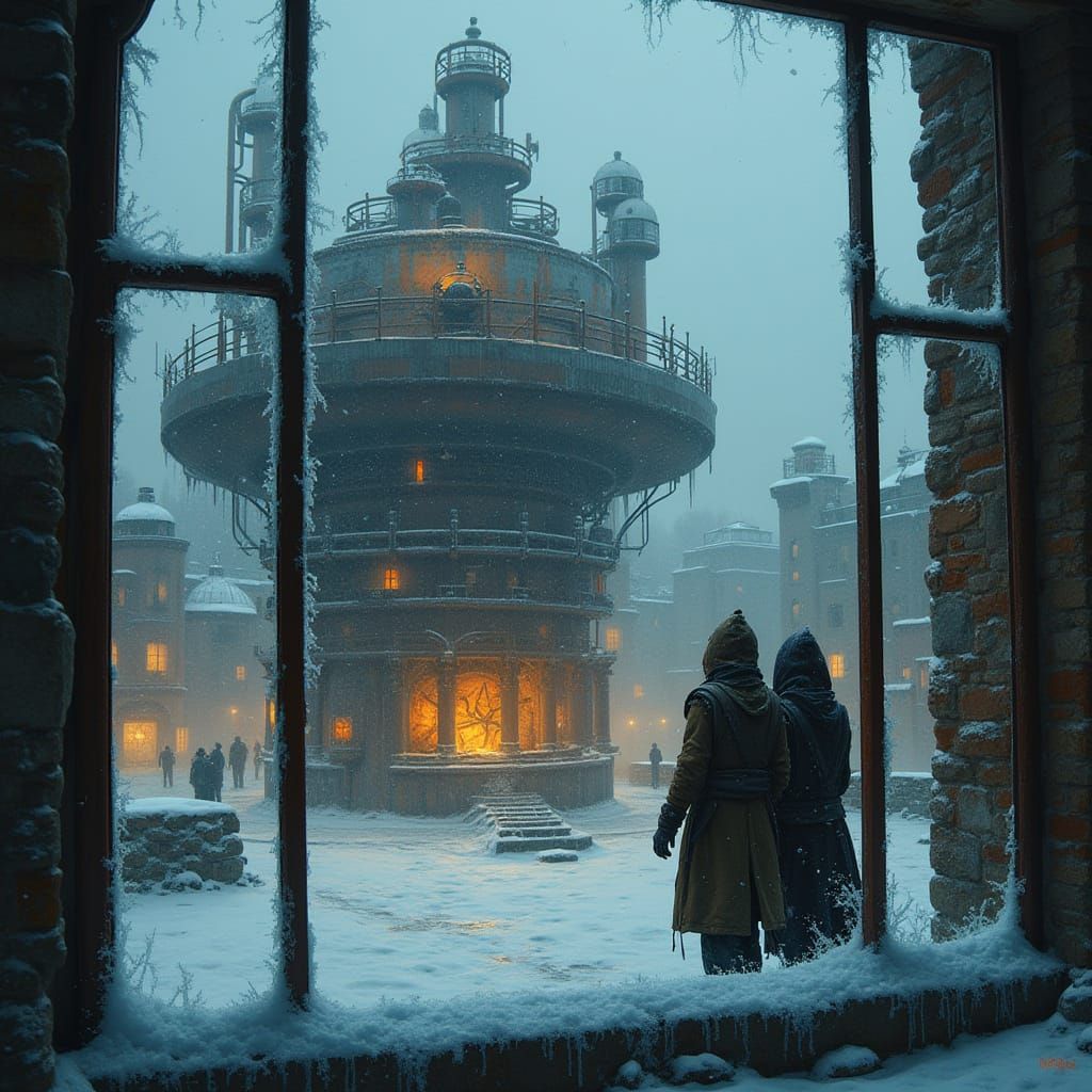 Industrial Cityscape in Frosty Darkness