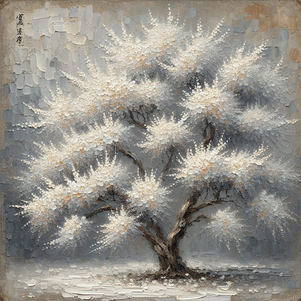 Chinese Fringe Tree in Serene Blossom, Impasto Painting