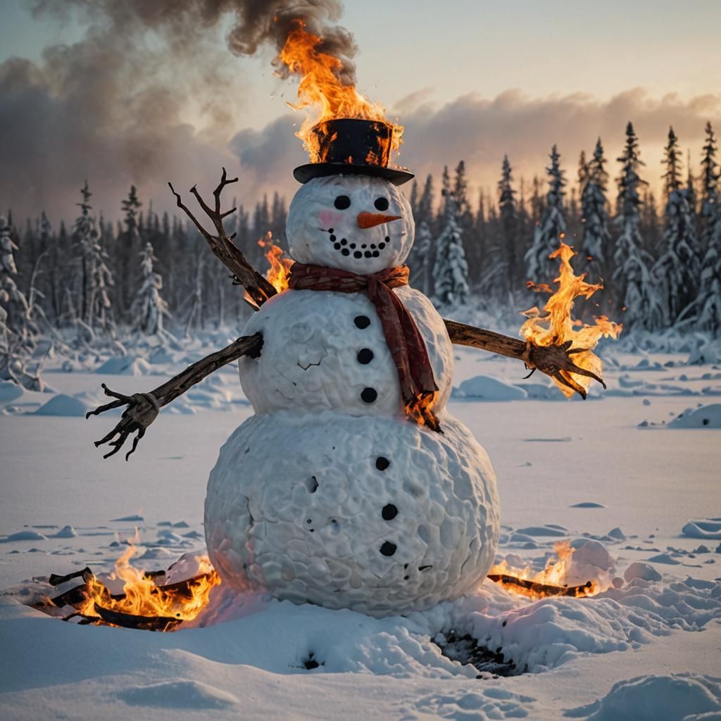 Burning Snowman in Finland: Hyper-Detailed Photo