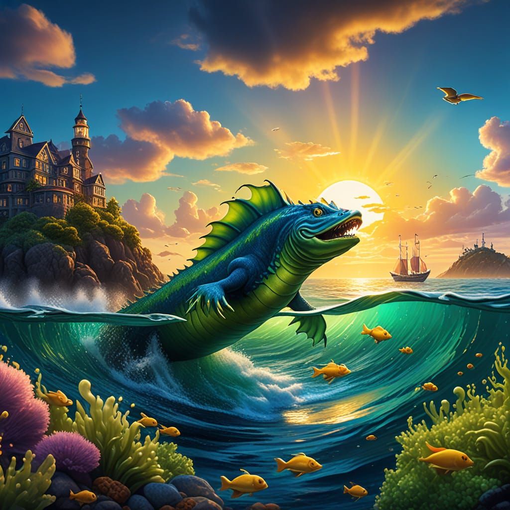 Whimsical Sea Monster Battles Cute Forest Friends in Vibrant...