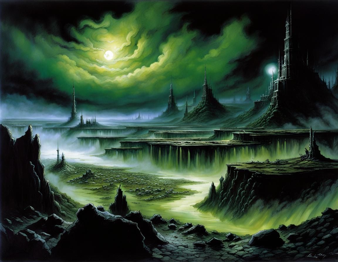 Grimdark Wasteland with Acid Pools and Dark Clouds