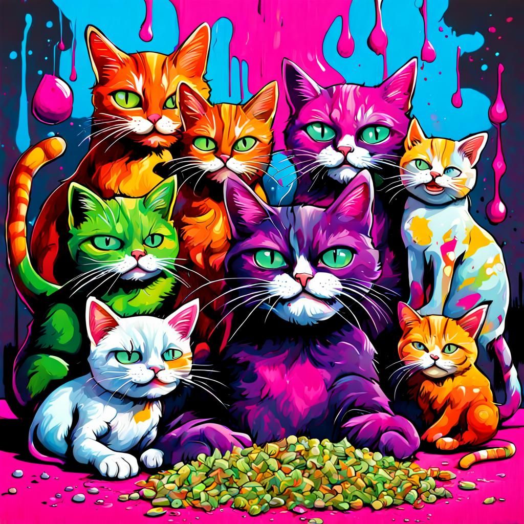 Cats' Catnip Party in Graffiti Splash Art