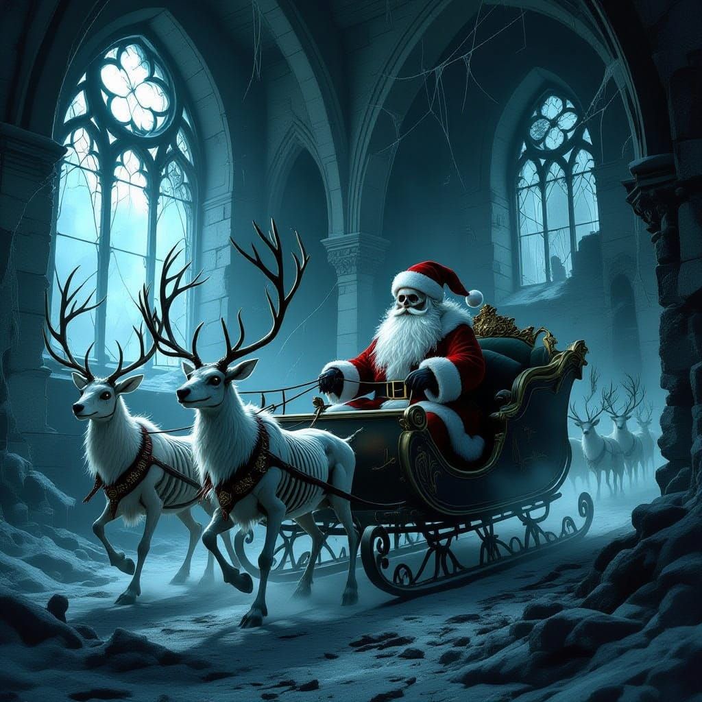 Dark Fantasy Santa and Skeletal Reindeer in Ruined Castle