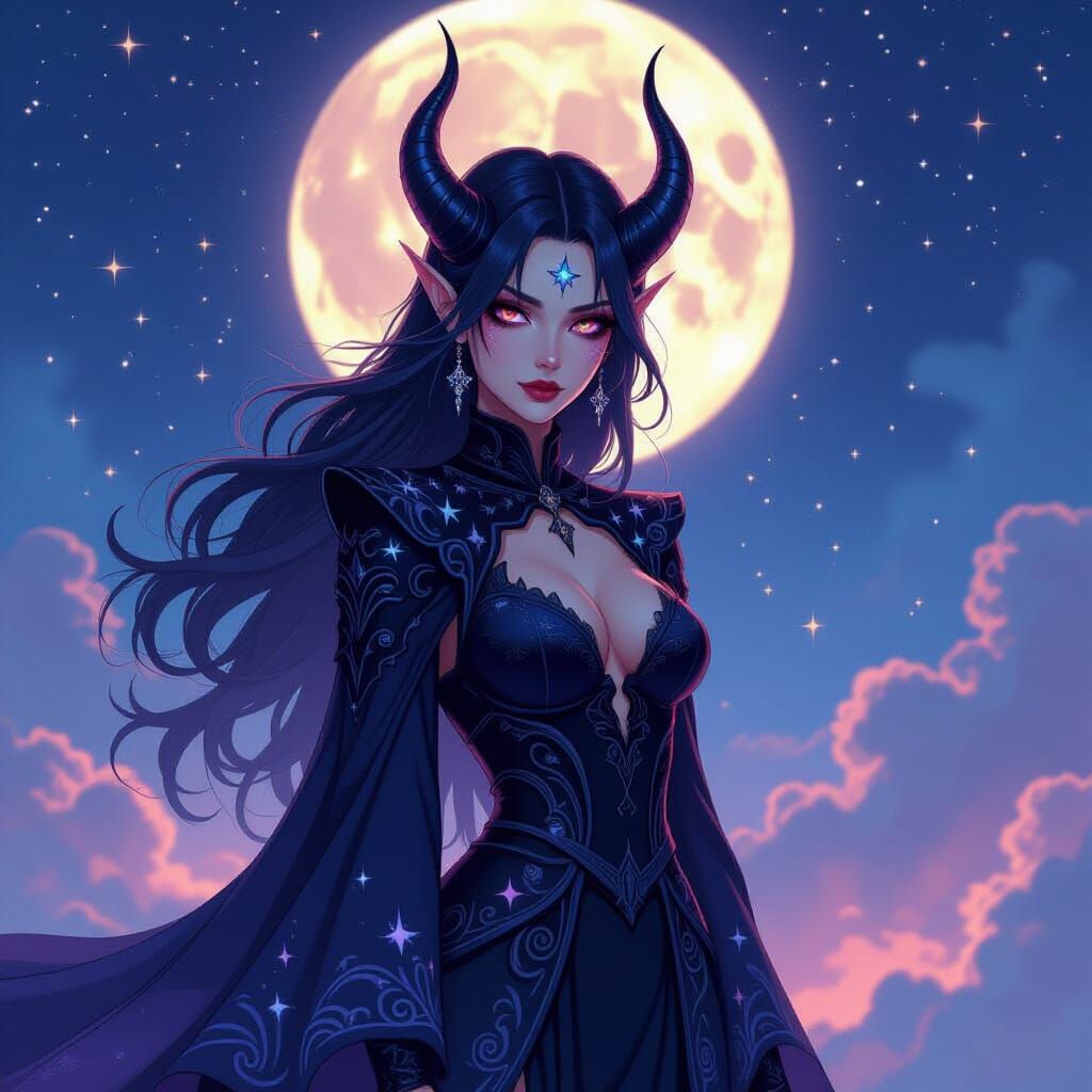 Starry Female Demon in Ethereal Dark Fantasy Style