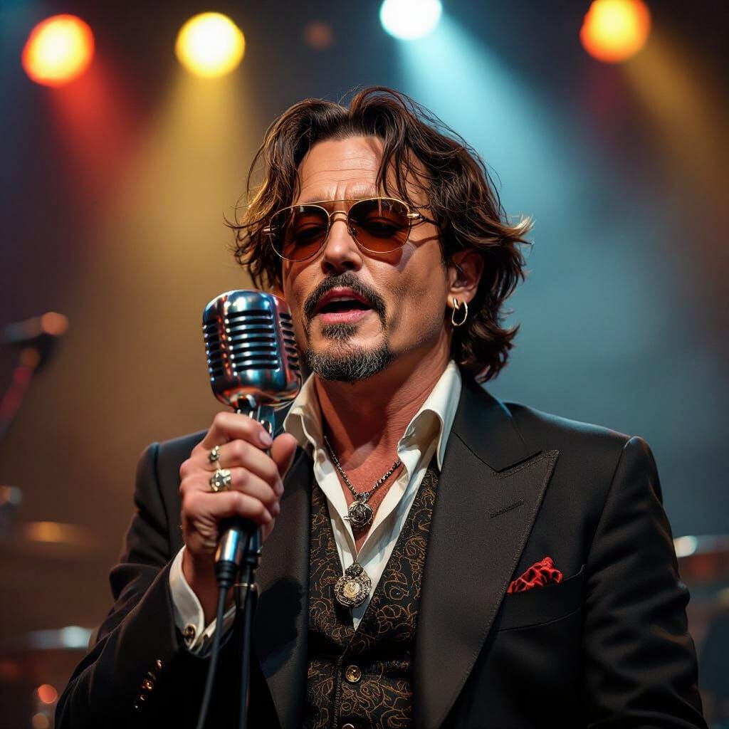 Johnny Depp Sings on Stage with Vintage Microphone