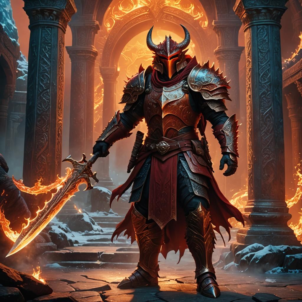 Red Dragonborn Warrior in Mystical Temple