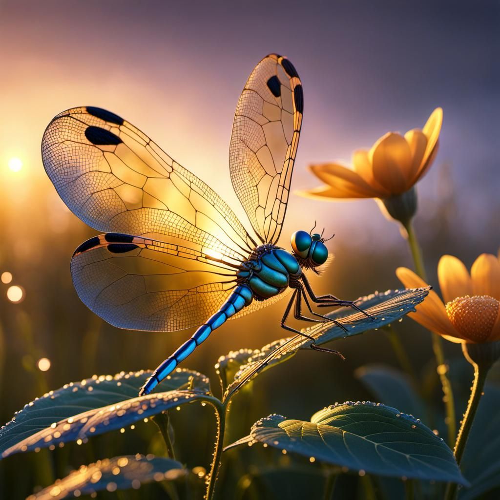 Bioluminescent Dragonfly on Mutant Flower, Detailed Digital ...