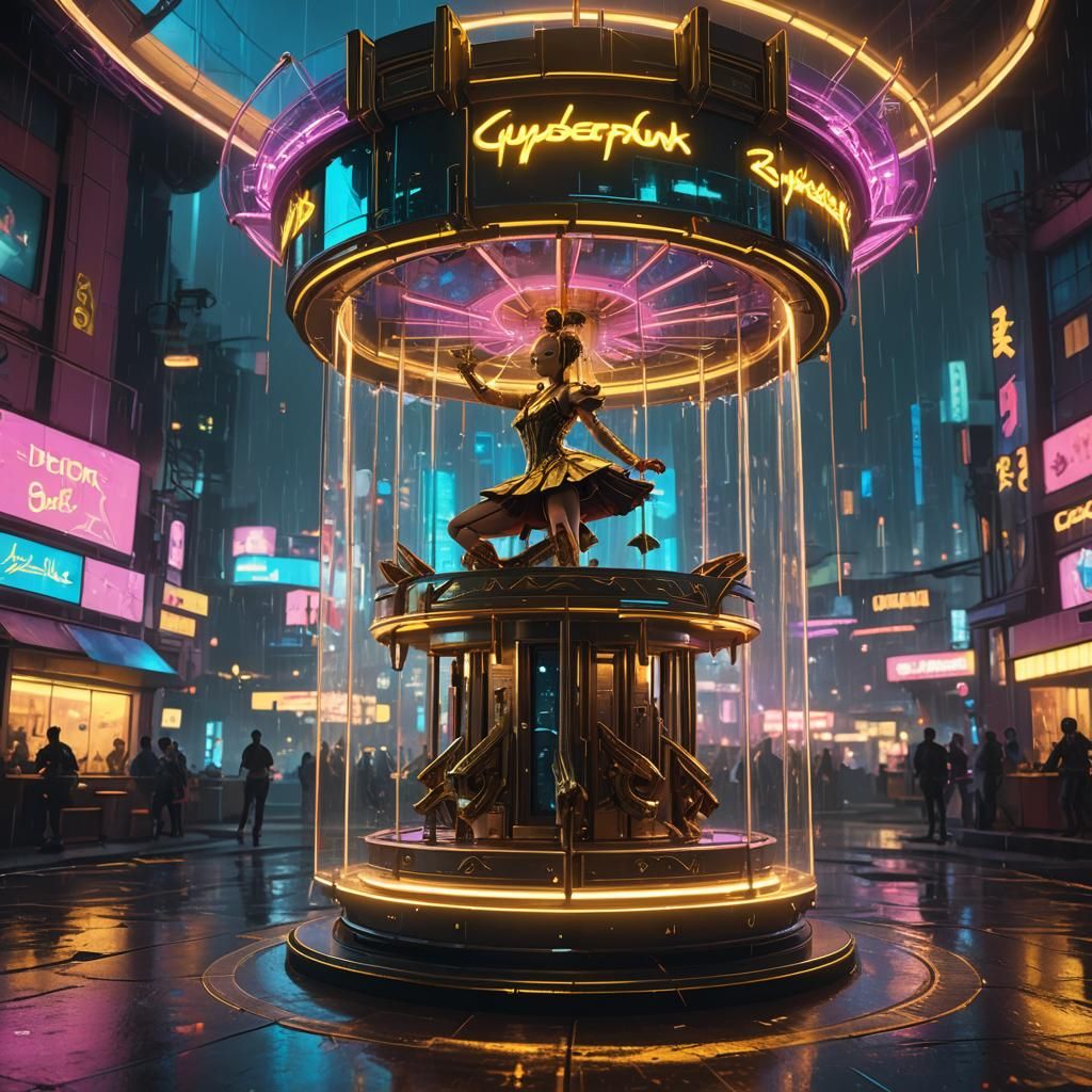 Cyberpunk Music Box Carousel in Neon Noir Style