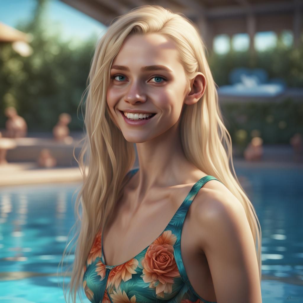Teenage Girl with Blond Hair Smiling at Pool