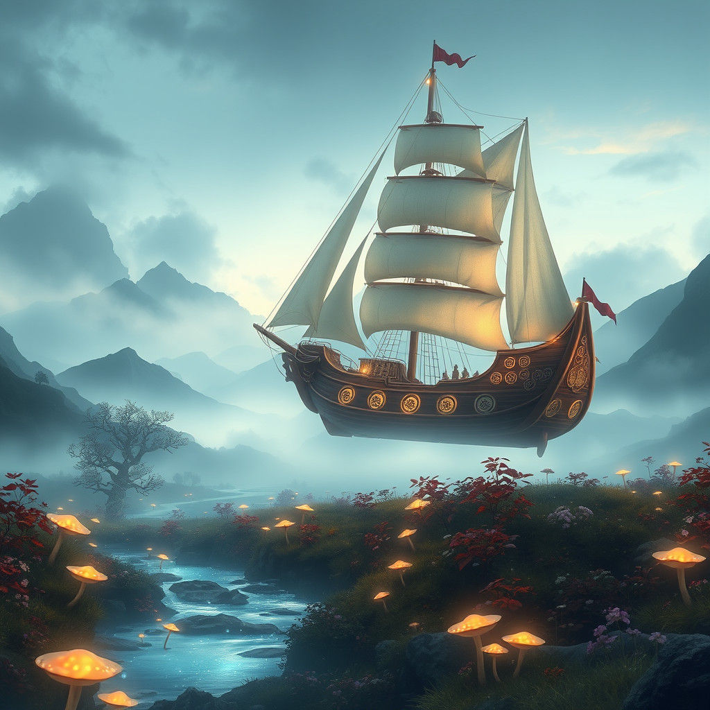 Ethereal Mist-Shrouded Mountains with Floating Ship