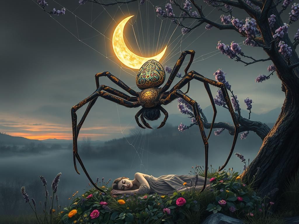 Bioluminescent Spider Weaving Web, Klimt-Inspired Art