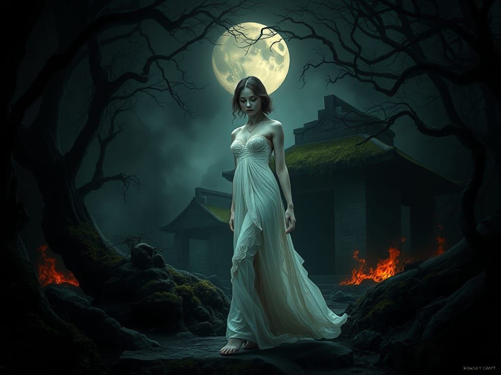 Ethereal Woman Emerges from Burning Shrine in Dark Rainfores...