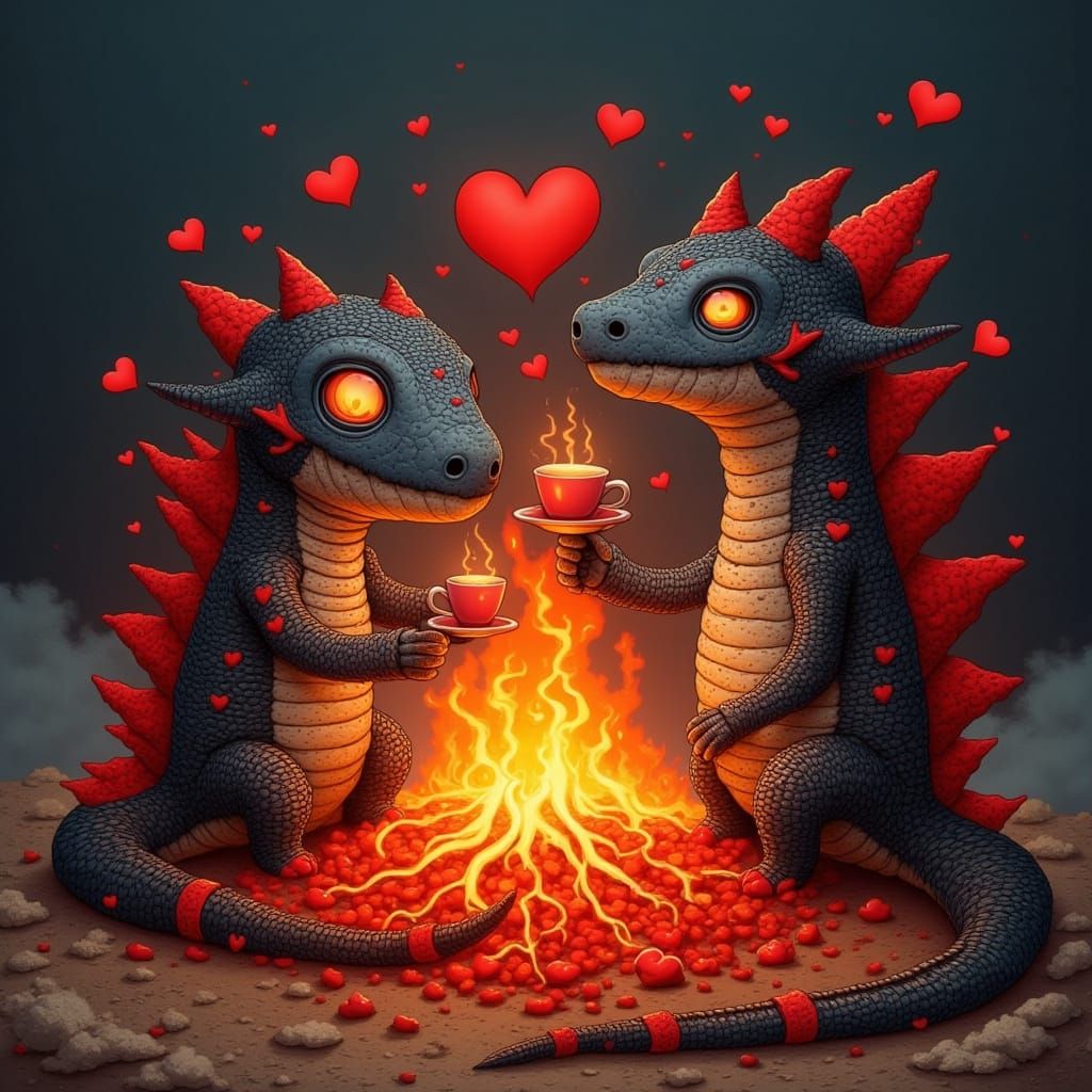 Romantic Lava Creatures with Erupting Volcano